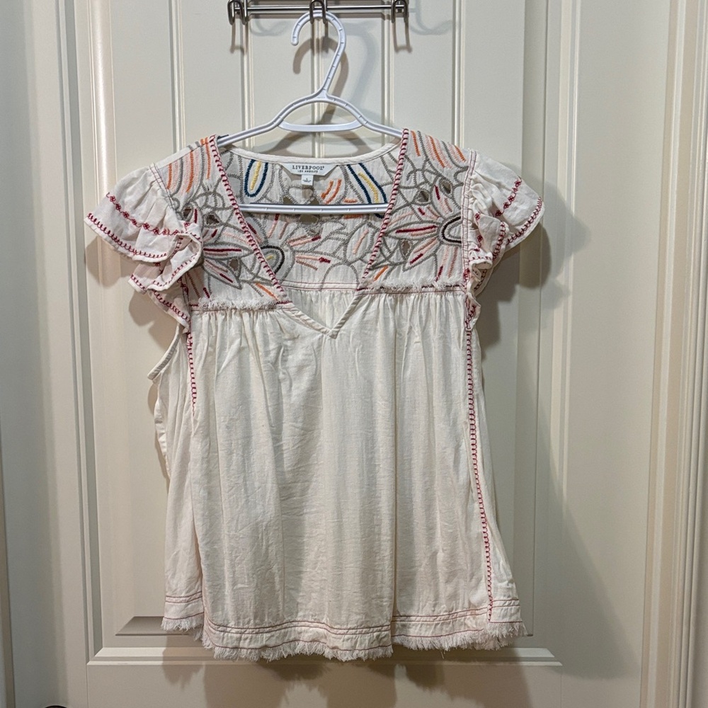 Liverpool Cream Embroidered V-Neck Flutter Sleeve Top